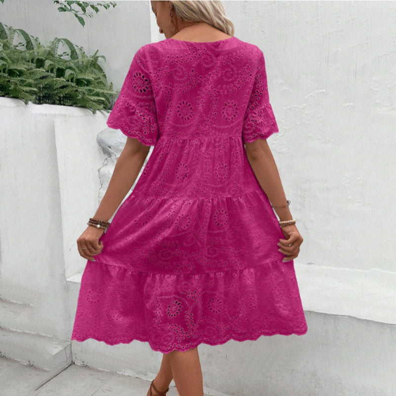Women's Round Neck Embroidered Lace Short Sleeve A-Line Elegant Dress