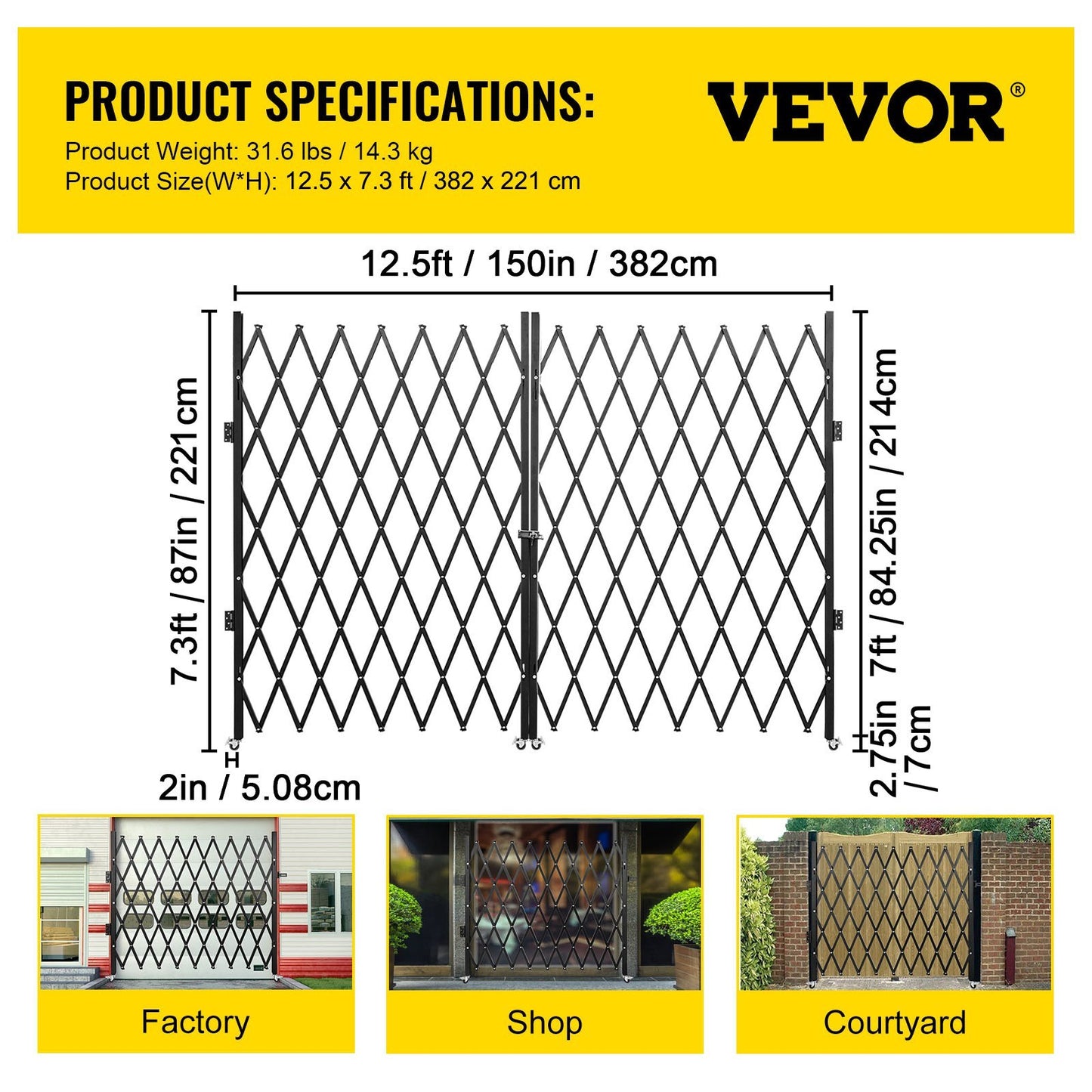 VEVOR Double Folding Security Gate, Folding Door Gate, Steel Accordion Security Gate, Flexible Expanding Security Gate, 360Rolling Barricade Gate, Scissor Gate Or Door With Keys
