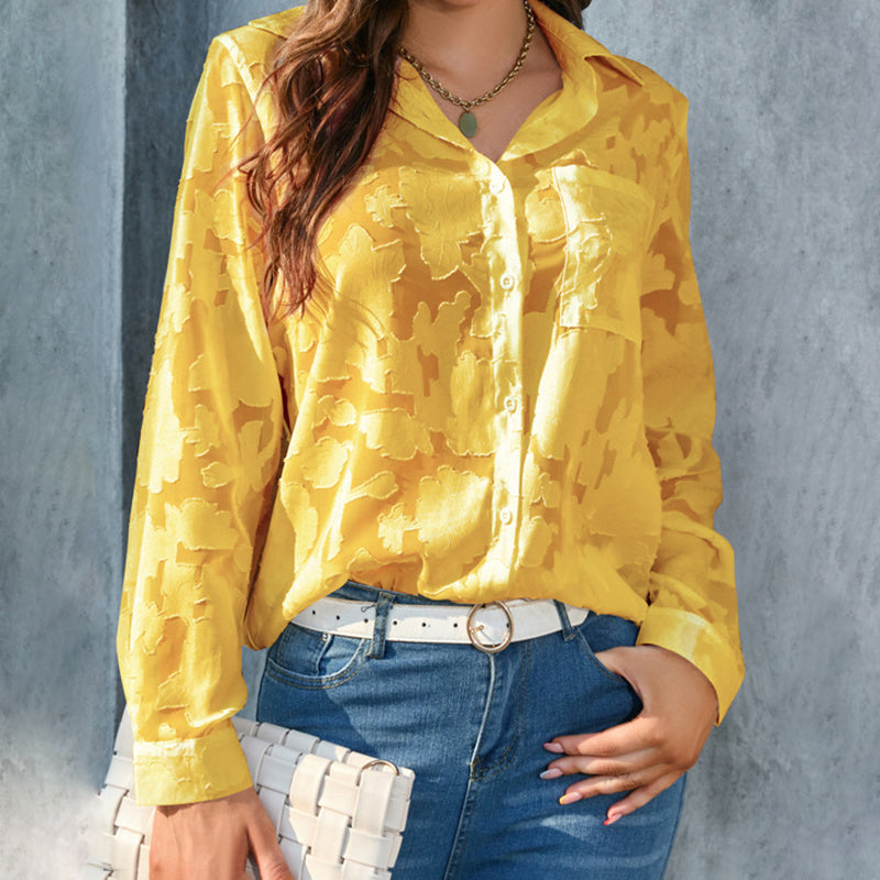 Women's Casual Sheer Button Down Shirt Long Sleeve V Neck Jacquard Blouse Top