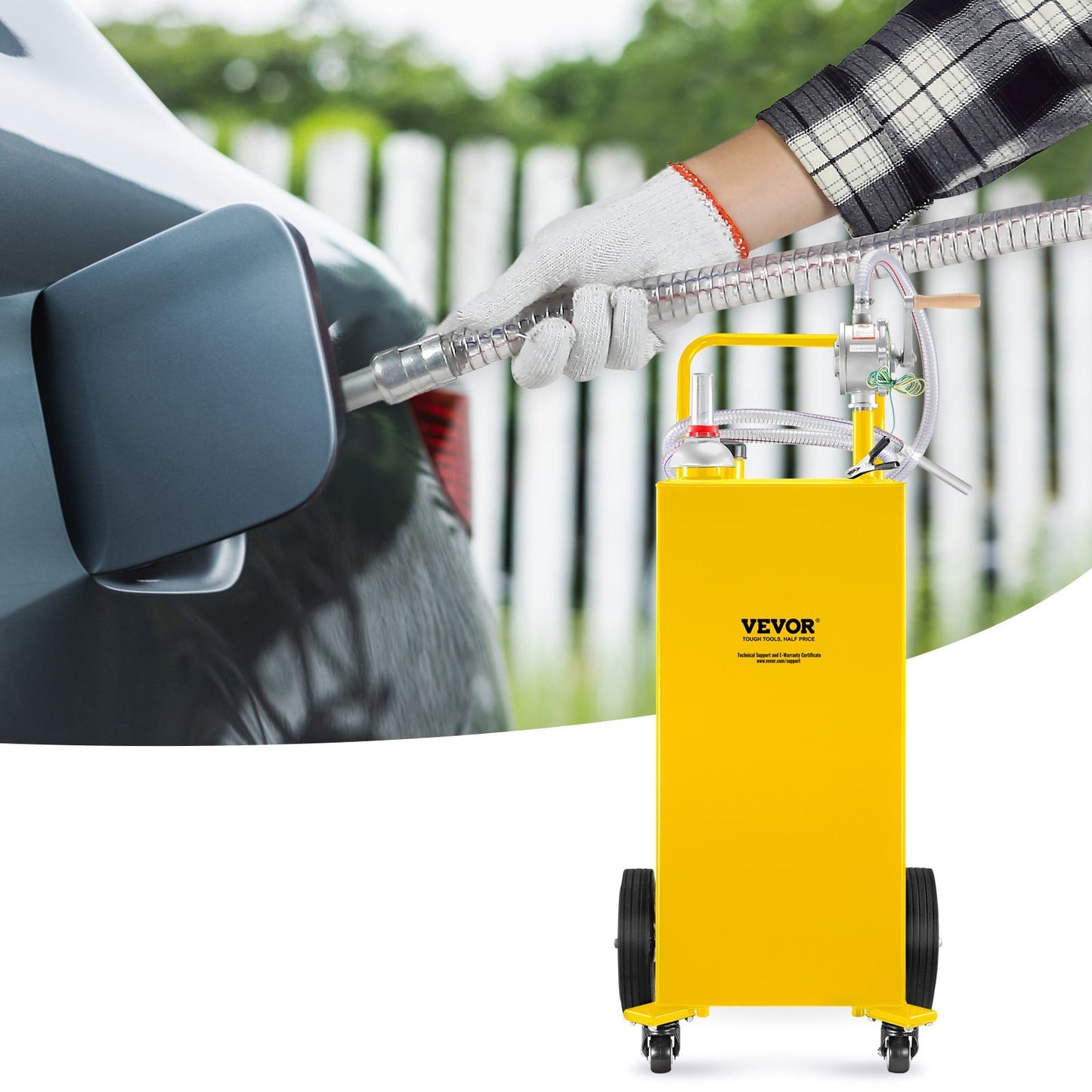 VEVOR 30 Gallon Fuel Caddy, Gas Storage Tank 4 Wheels, With Manual Transfer Pump, Gasoline Diesel Fuel Container For Cars, Lawn Mowers, ATVs, Boats, More, Yellow