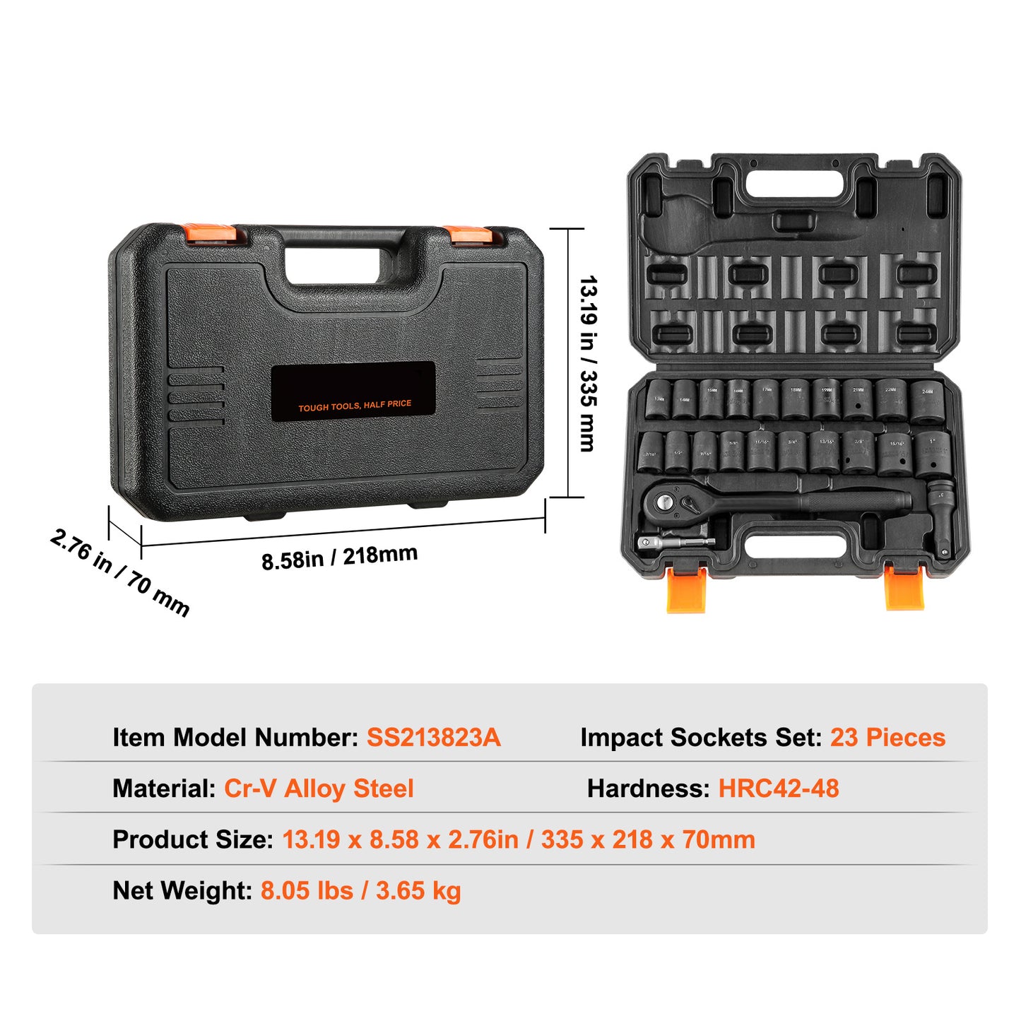 VEVOR Drive Impact Socket Set, 23 Piece Socket Set SAE 6 Point Cr-V Alloy Steel For Auto Repair With Ratchet Handle Rugged Construction Storage Case