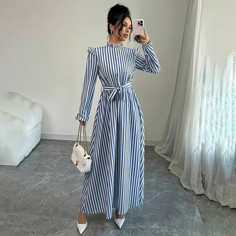 Women's Floral Print Long Sleeve Maxi - Stand Collar A-Line Dress With Waist Detail, Lantern Sleeves & Ruffle Hem