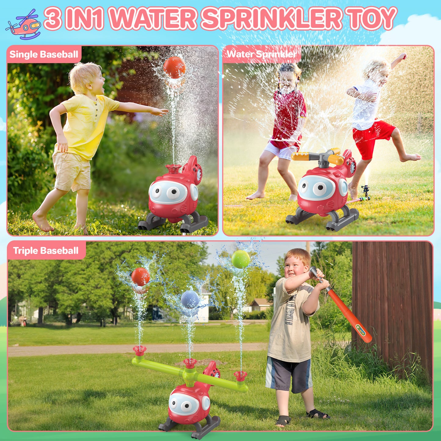4 In 1 Water Sprinklers T Ball Set For Kids And Toddlers, Baseball Sprinkler For Backyard Helicopter Toy Outdoor Game, Attaches To Garden Hose