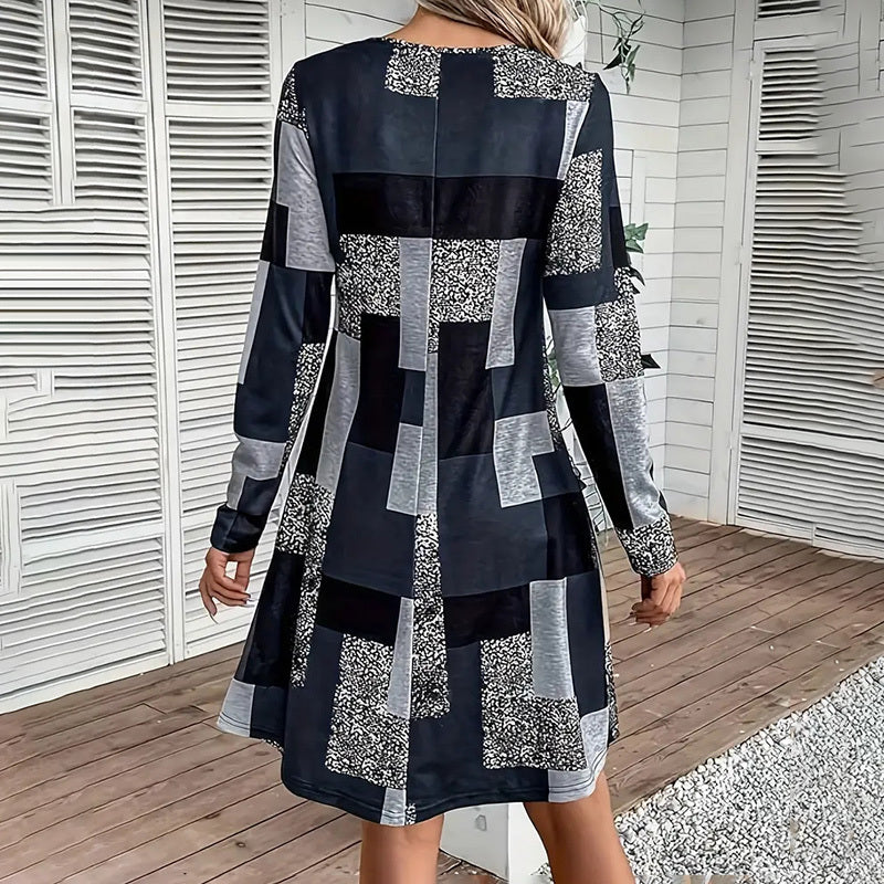 Women's Round Neck Long Sleeve Dress - Digital Print Casual Elegant Spring & Fall Dress