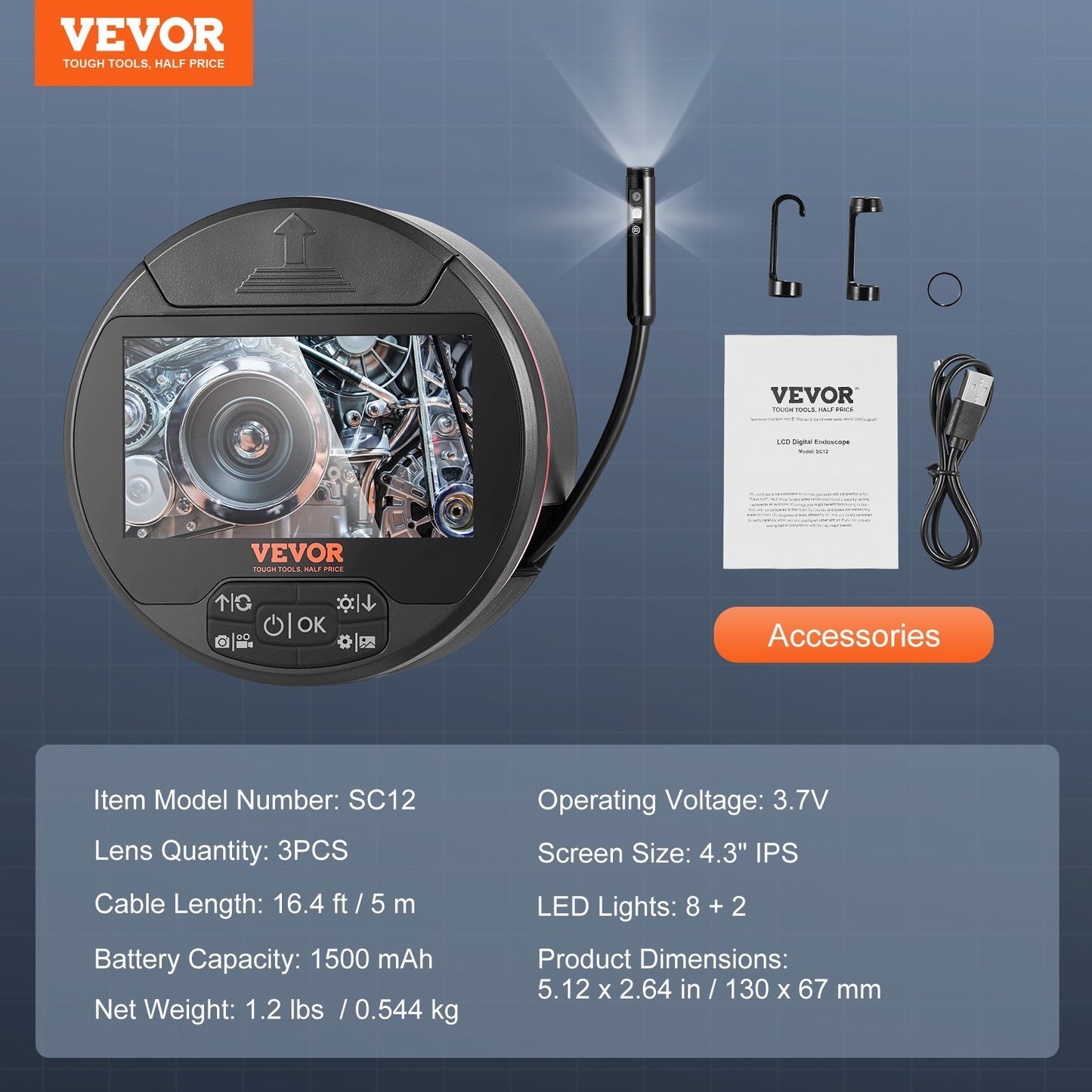 VEVOR Borescope Triple Lens Endoscope Camera With 4.3 IPS Screen 8 2 Lights