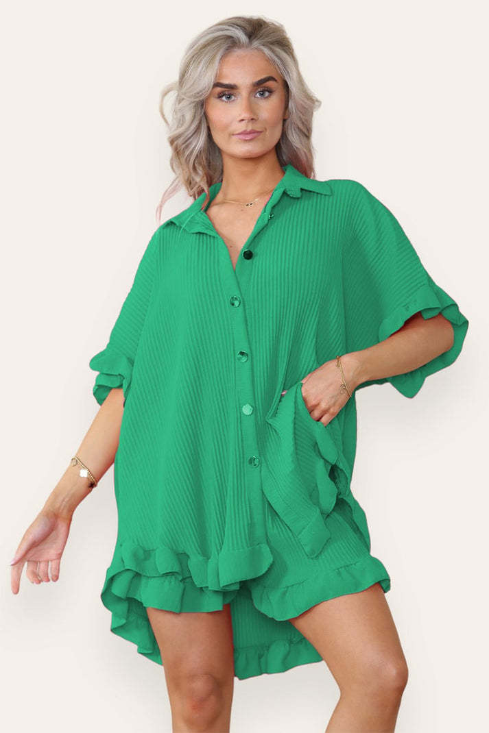 Casual Oversized Gold Button Pleated Frilled Ruffle Short Sleeves Shirt Top And Short Set