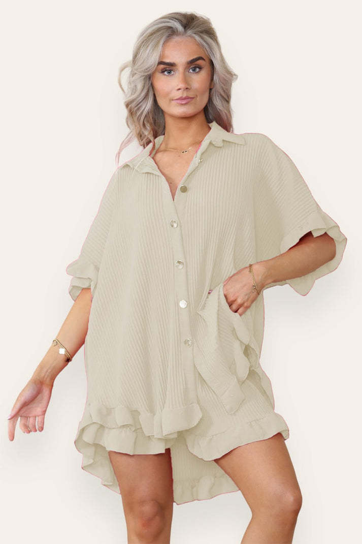 Casual Oversized Gold Button Pleated Frilled Ruffle Short Sleeves Shirt Top And Short Set