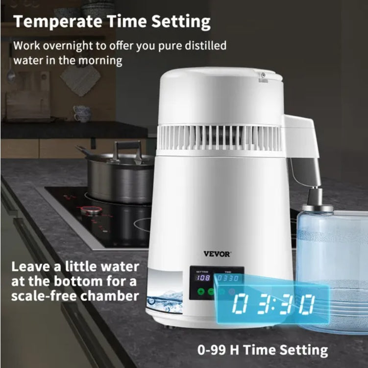 VEVOR 1.1Gal Water Distiller, 0.3Gal H, 750W Distilled Water Maker Machine 0-99H Timing Set Temp Display, 304 Stainless Steel Countertop Distiller Plastic Carafe Cleaning Powder 3 Carbon Packs, White