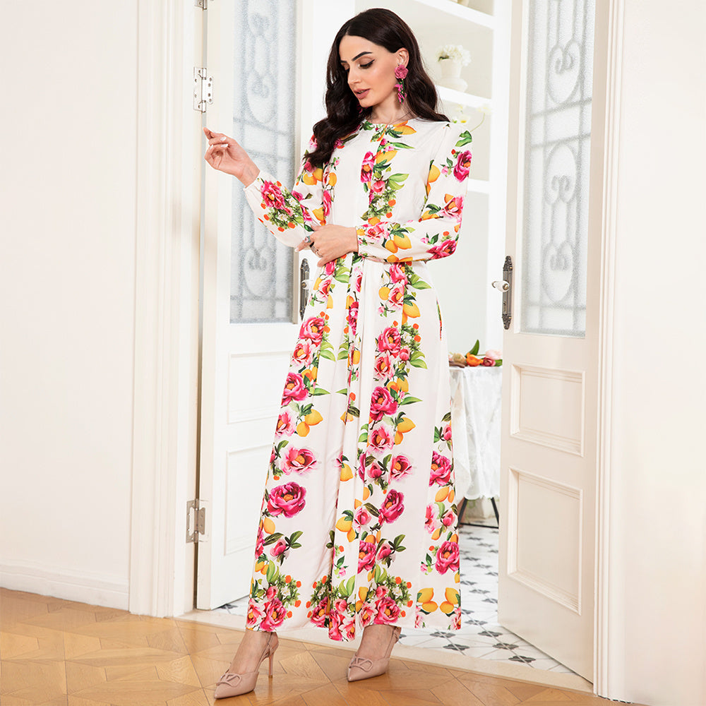 Elegant Style Round Neck Flowers Plant Buttons Puff Sleeve Long Dress