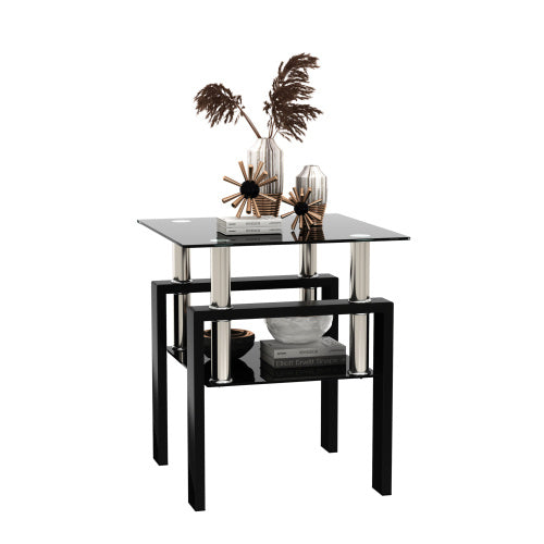 1-Piece Modern Tempered Glass Tea Table Coffee Table End Table, Square Table For Living Room, Black