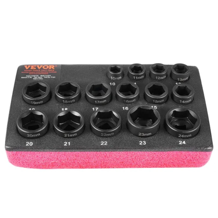 VEVOR Impact Sockets Set 15pcs 6-Point 3 8 Drive Bit Ratchet Tool Kit Case