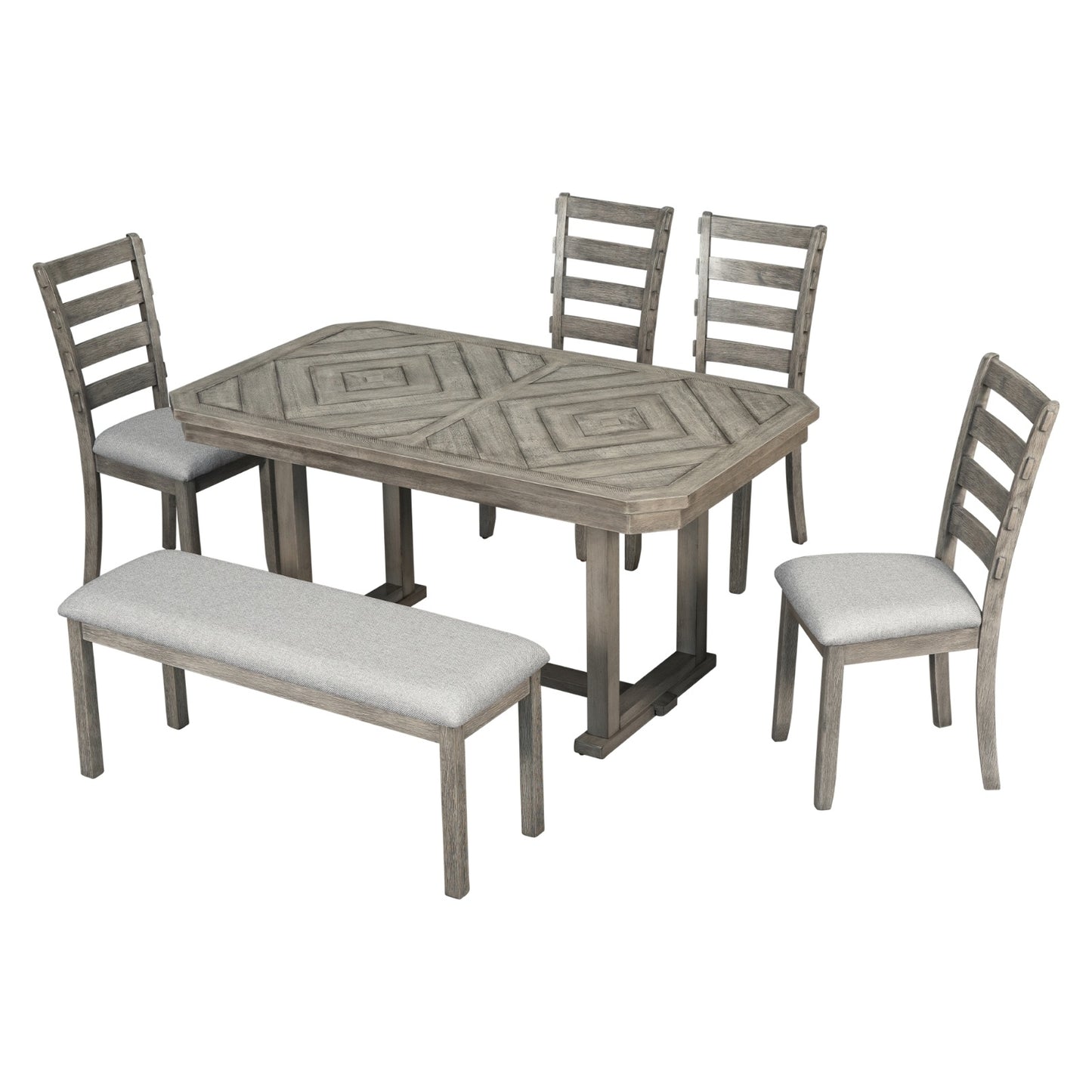 TREXM 6-Piece Rubber Wood Dining Set With Wood Grain Pattern Tabletop