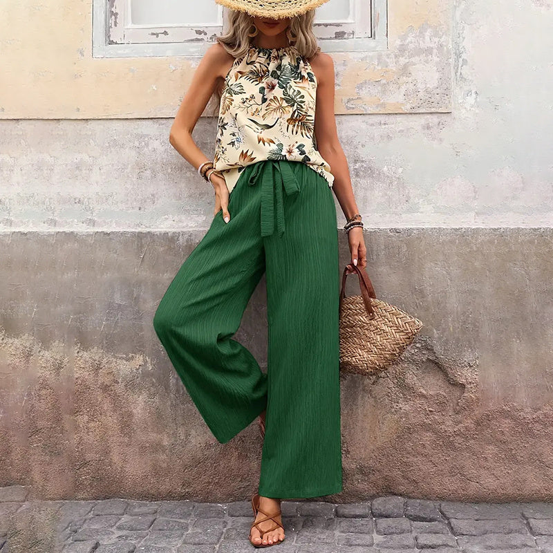 Women's 2 Piece Outfits Casual Sleeveless Halter Neck Crop Top Wide Leg Pants Set