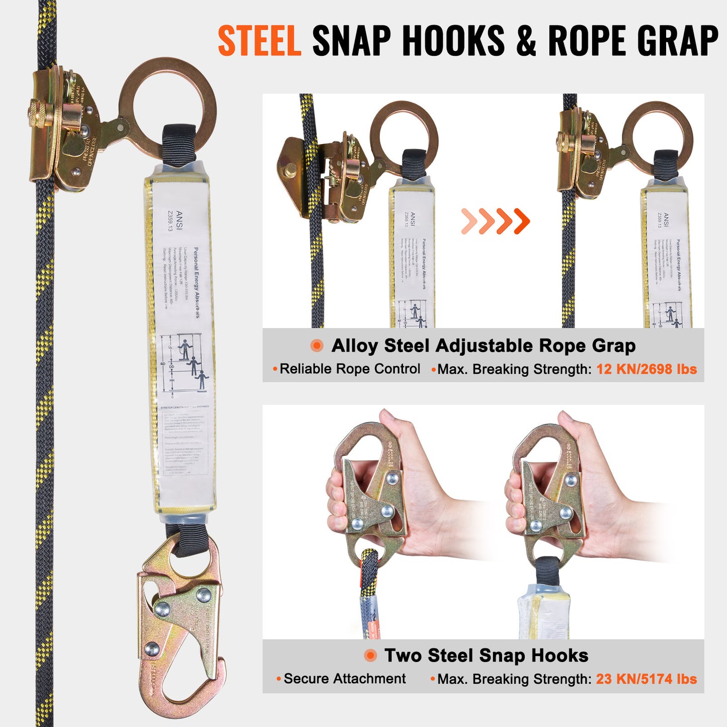 VEVOR Vertical Lifeline Assembly, 0.55 X 50 Fall Protection Rope With 30 KN Breaking Tension, Polyester Roofing Rope With Steel Snap Hooks, Rope Grab, And Shock Absorber, ANSI Compliant