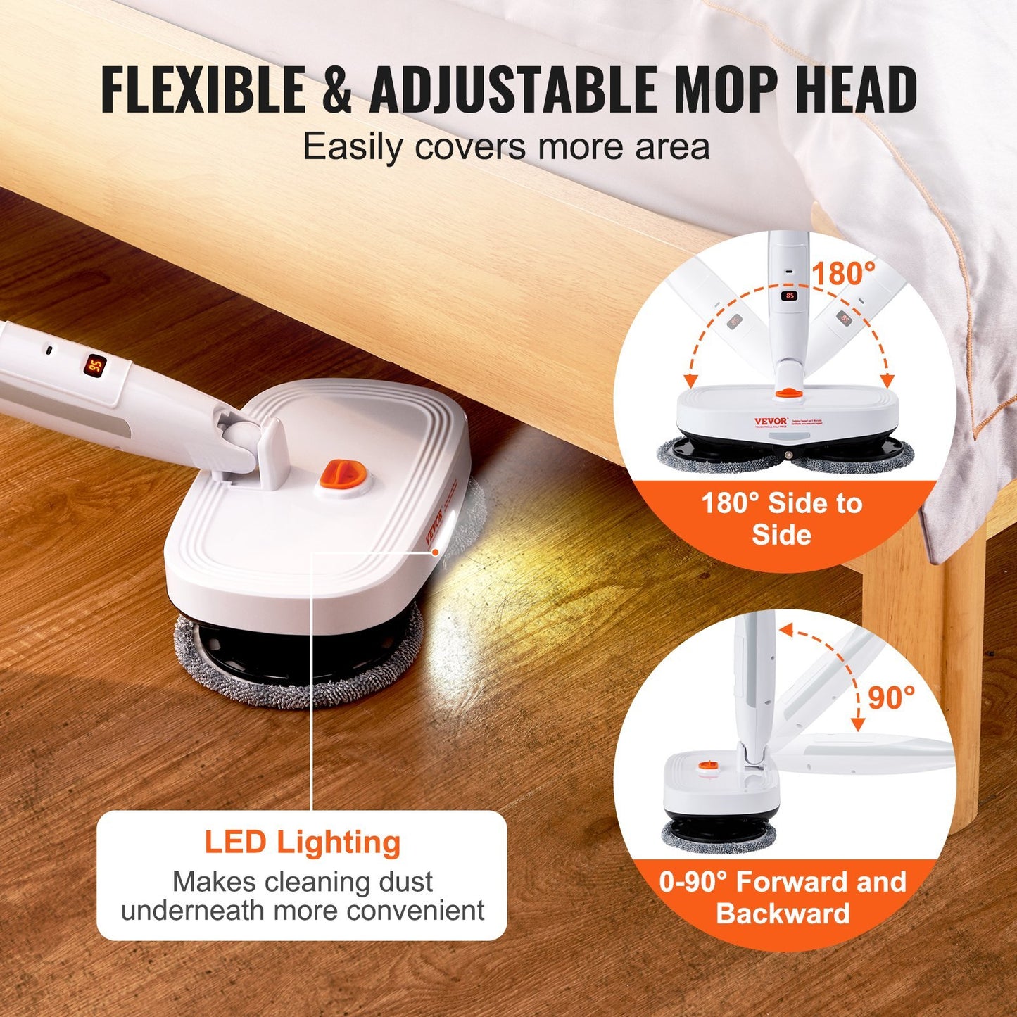 VEVOR Cordless Electric Mop, Electric Spin Mop With Water Tank, Up To 40 Mins Battery, LED Headlight, Dual Mop Heads, 4 Microfiber Pads 4 Trapezoid Microfiber Pads, For Hardwood Tile Floor Cleaning