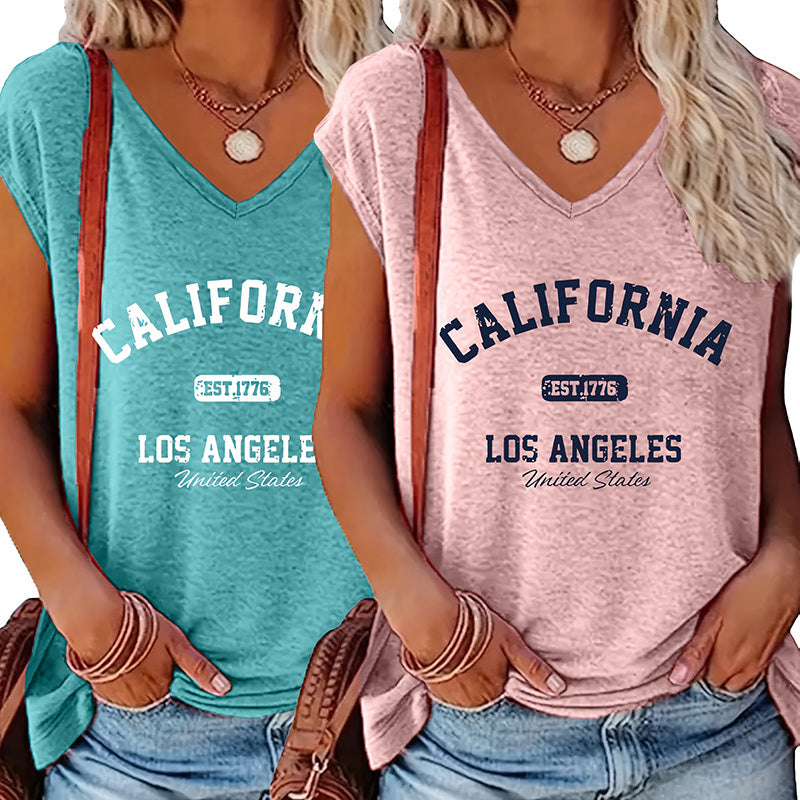 Women's 2 Pack Summer Letter Graphic Printed V Neck Short Sleeve T-Shirt