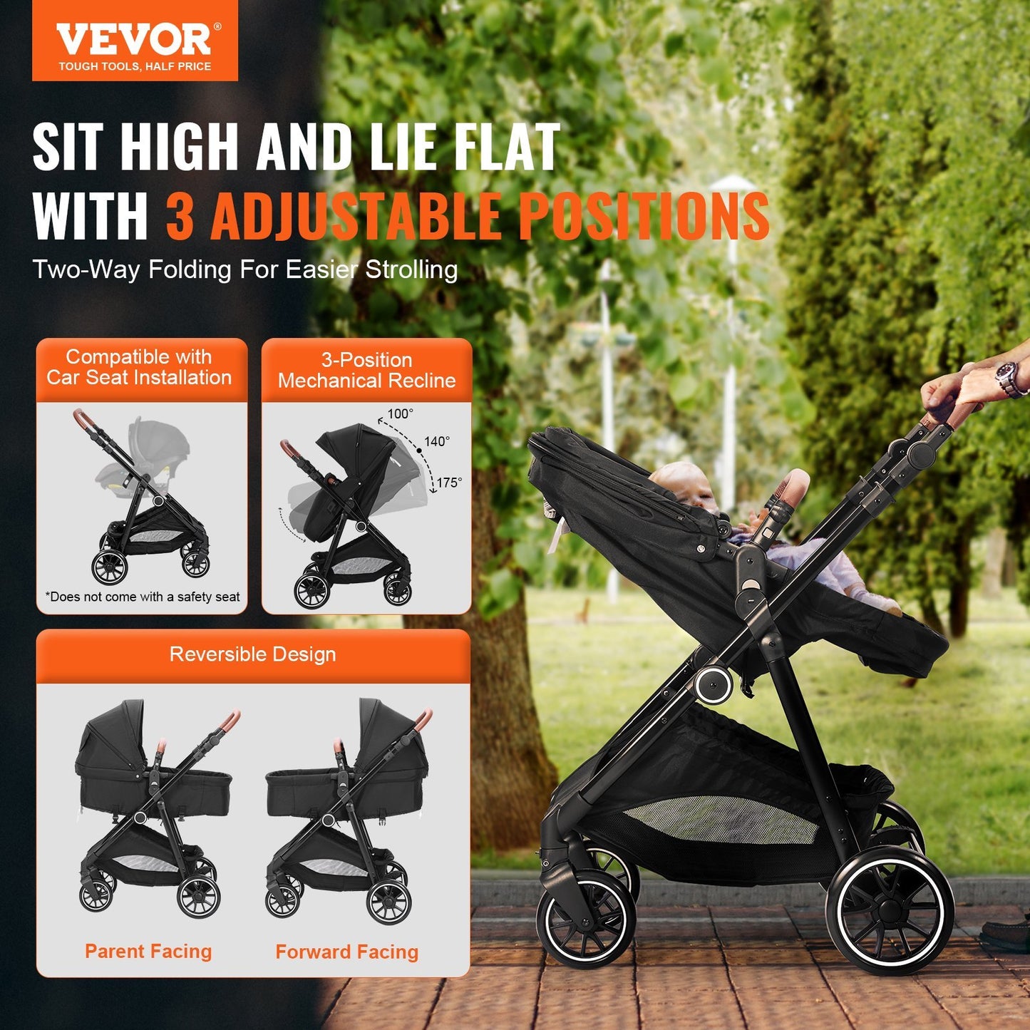 VEVOR Standard Baby Stroller, Infant Toddler Stroller With Bassinet, 3rd-Gear Adjustable Backrest Foldable & Reversible Seat, Carbon Steel Newborn Stroller With Leg Cover And Mesh Net, Black