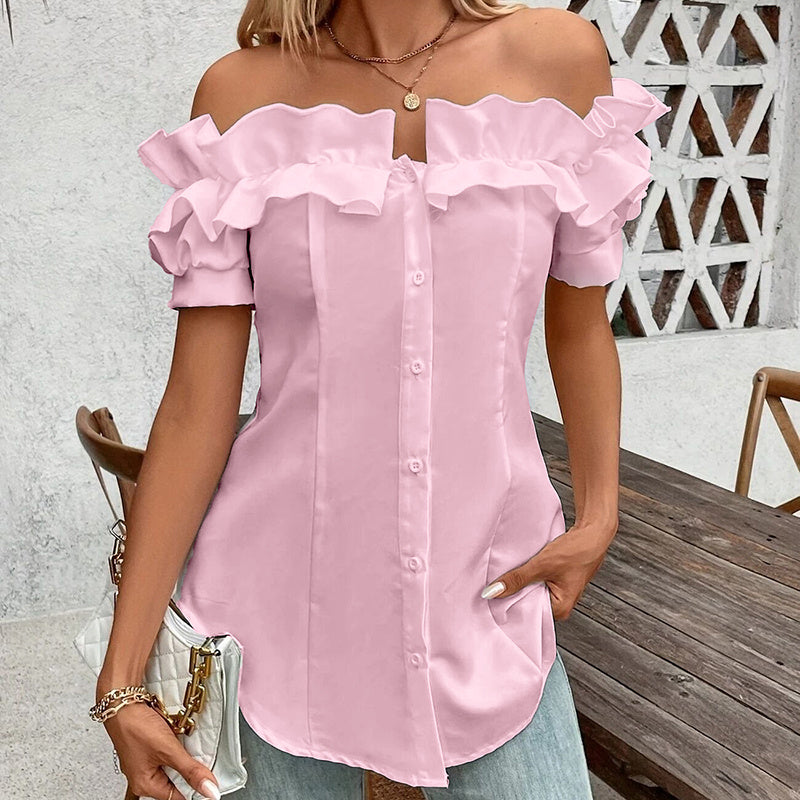 Women's Solid Color Off-Shoulder Ruffled Blouse - Waist Button-Down Shirt