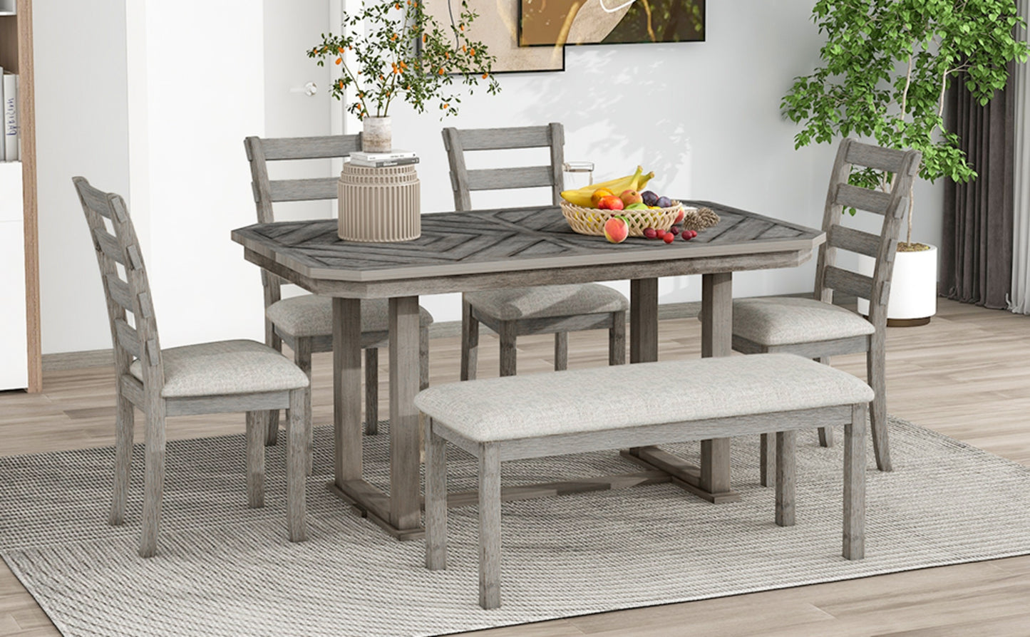 TREXM 6-Piece Rubber Wood Dining Set With Wood Grain Pattern Tabletop