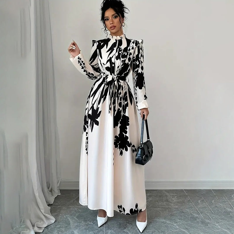 Women's Floral Print Long Sleeve Maxi - Stand Collar A-Line Dress With Waist Detail, Lantern Sleeves & Ruffle Hem