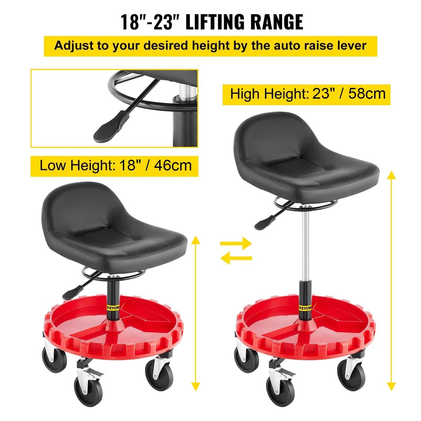 VEVOR Shop Stool, 300 LBS Rolling Garage Stool, Adjustable Height Mobile Rolling Gear Seat, Round Tray Garage Pneumatic Stool,Casters With Two Brakes Mechanic Seat