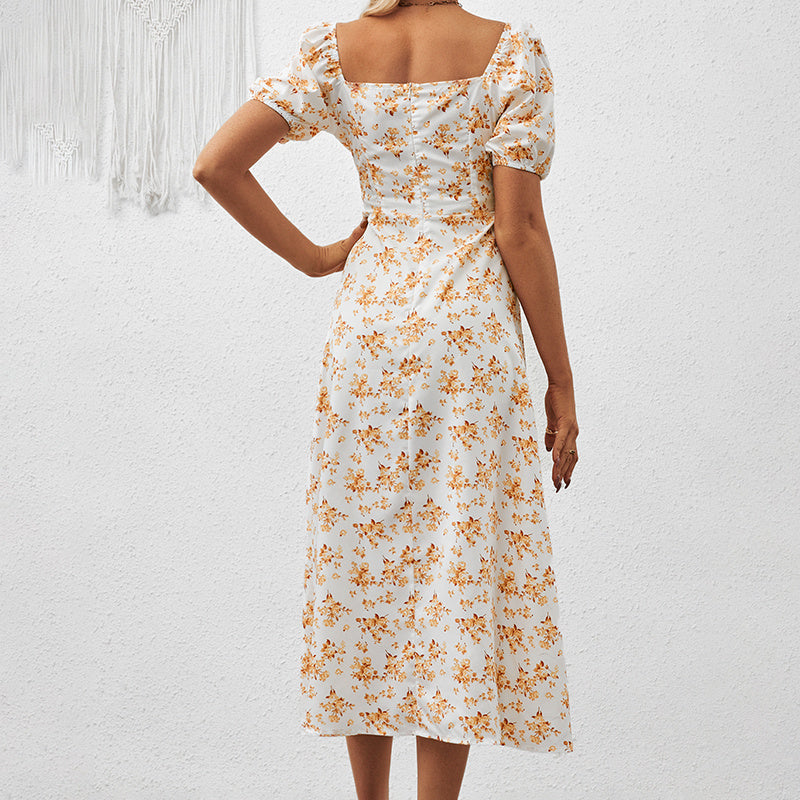 Women's Square Neck Floral Print Dress With Puff Sleeves & Side Slit - Elegant Boho Maxi Dress