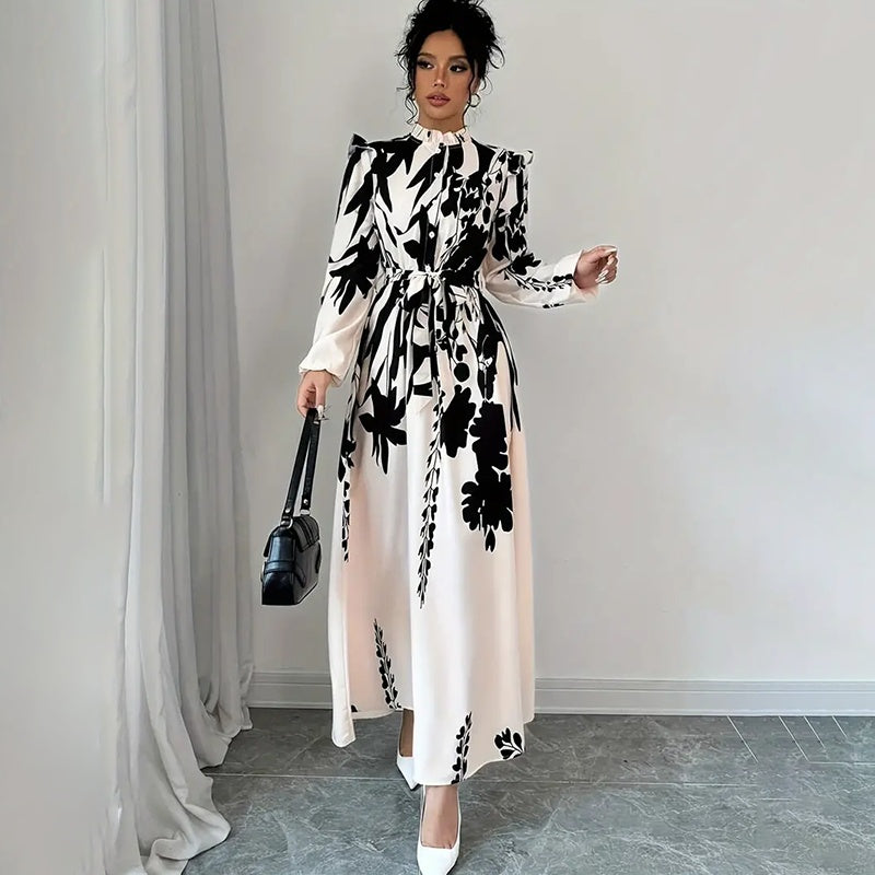 Women's Floral Print Long Sleeve Maxi - Stand Collar A-Line Dress With Waist Detail, Lantern Sleeves & Ruffle Hem