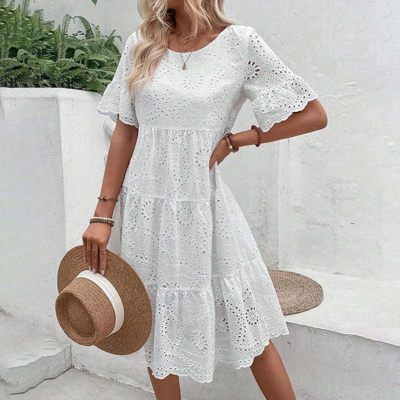 Women's Round Neck Embroidered Lace Short Sleeve A-Line Elegant Dress