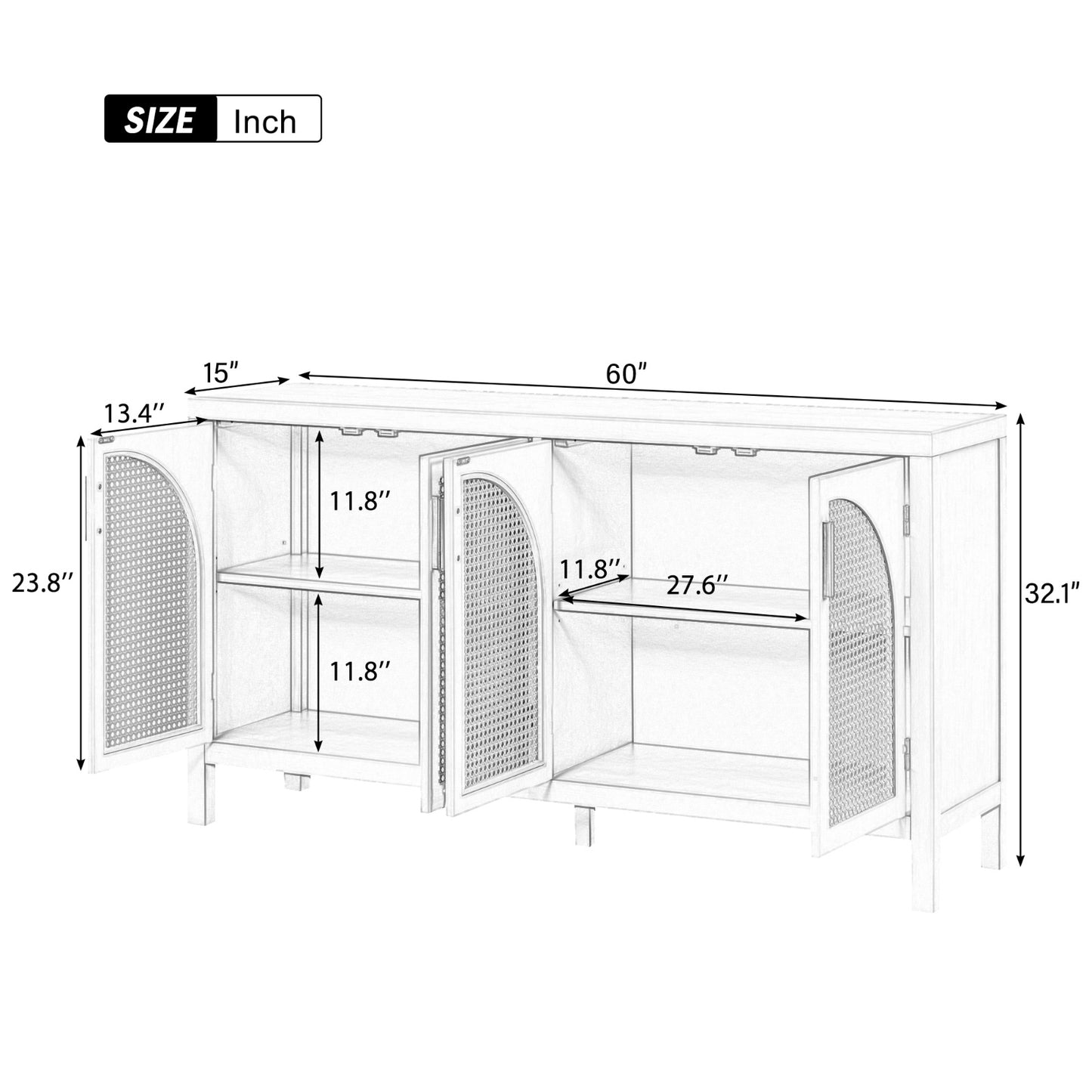 TREXM Sideboard With Rattan Door & Metal Handles For Living Room
