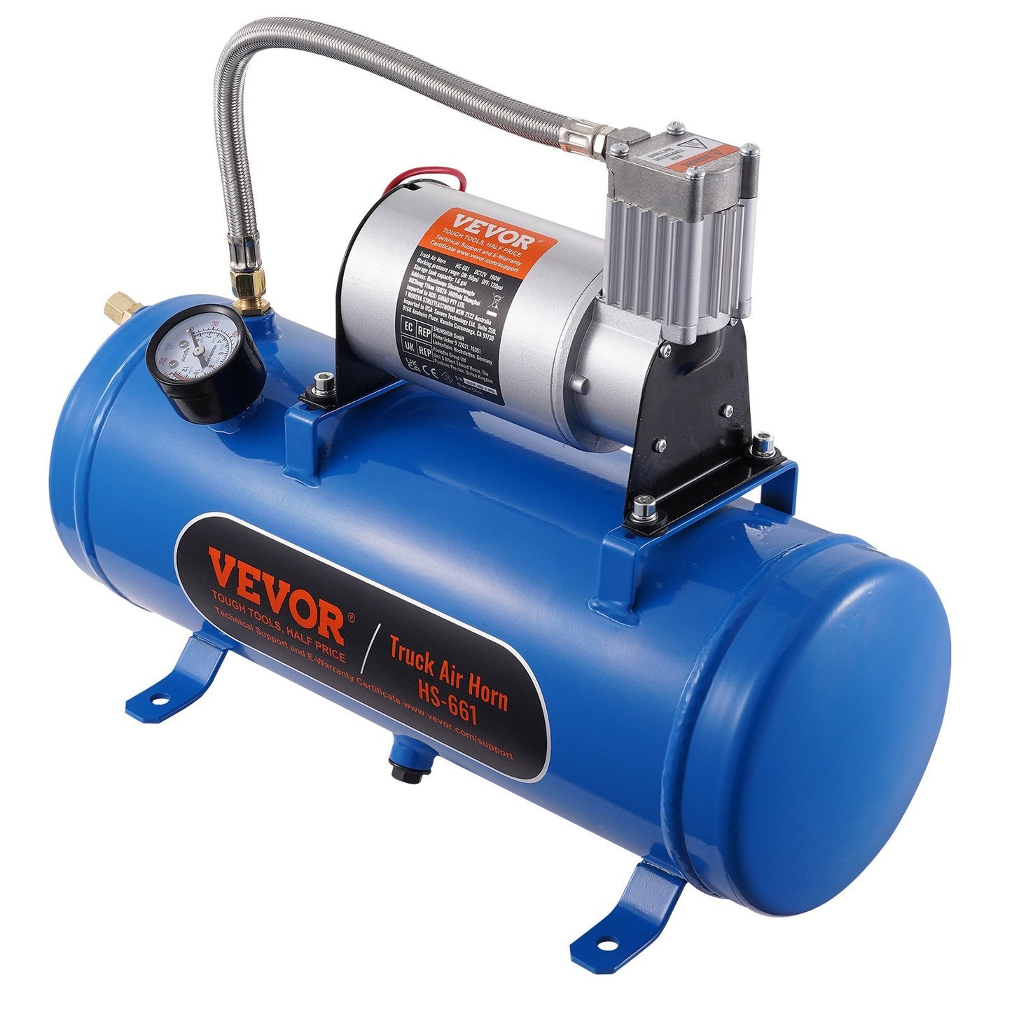 VEVOR 12V Air Compressor With Tank 1.6 Gallon 6 L, Train Horn Air Compressor, 120 Psi Working Pressure Onboard Air Compressor System For Train Air Horns, Inflating Tires, Air Mattresses