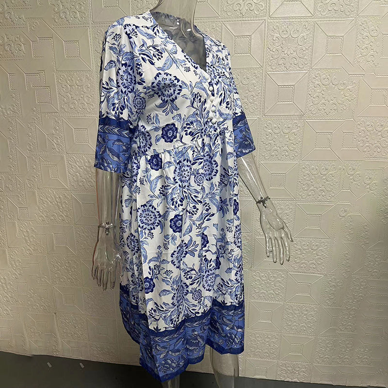 Women's Plus Size V-Neck Floral Print Dress - Loose Fit Casual
