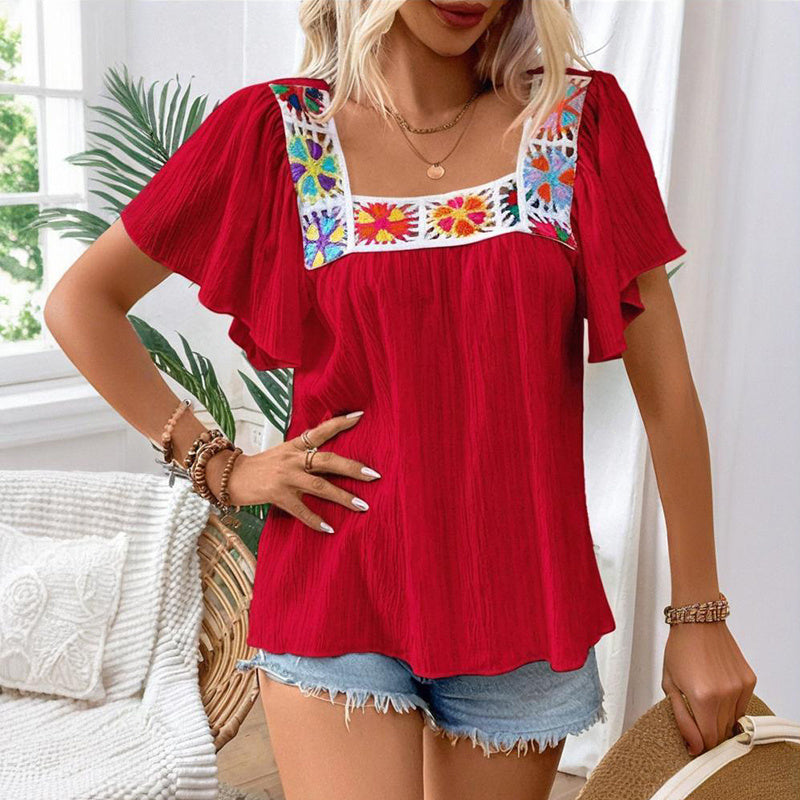 Women's Elegant Square Neck Crochet-Trimmed Geometric Floral Print Short Sleeve Shirt Casual Top