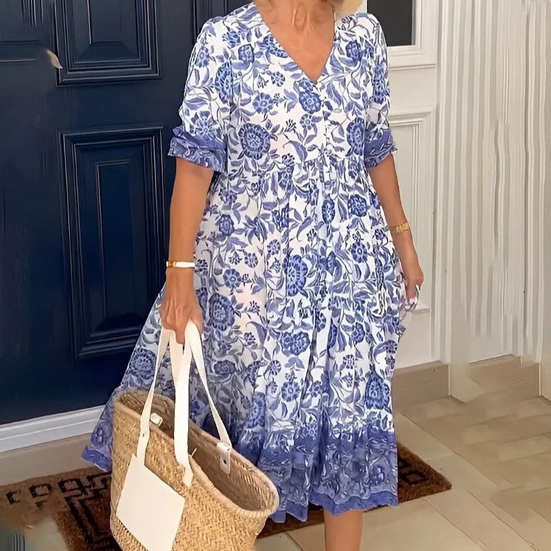 Women's Plus Size V-Neck Floral Print Dress - Loose Fit Casual