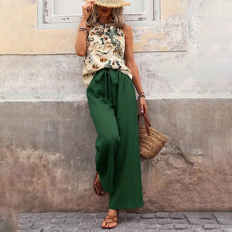 Women's 2 Piece Outfits Casual Sleeveless Halter Neck Crop Top Wide Leg Pants Set