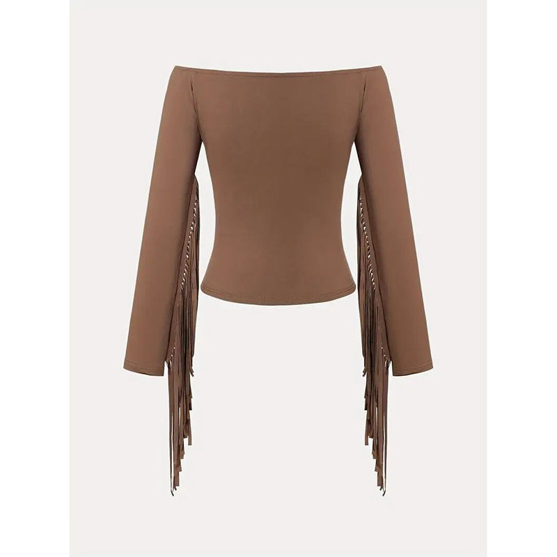 Women's Western Cowgirl Off-Shoulder Fringe Top, Slim Fitted Long Sleeve Tassel Blouse