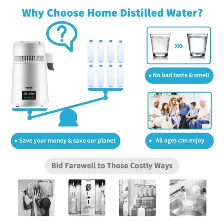 VEVOR 1.1Gal Water Distiller, 0.3Gal H, 750W Distilled Water Maker Machine 0-99H Timing Set Temp Display, 304 Stainless Steel Countertop Distiller Plastic Carafe Cleaning Powder 3 Carbon Packs, White