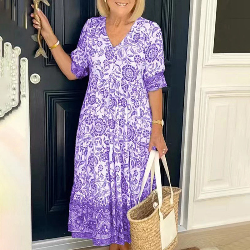 Women's Plus Size V-Neck Floral Print Dress - Loose Fit Casual