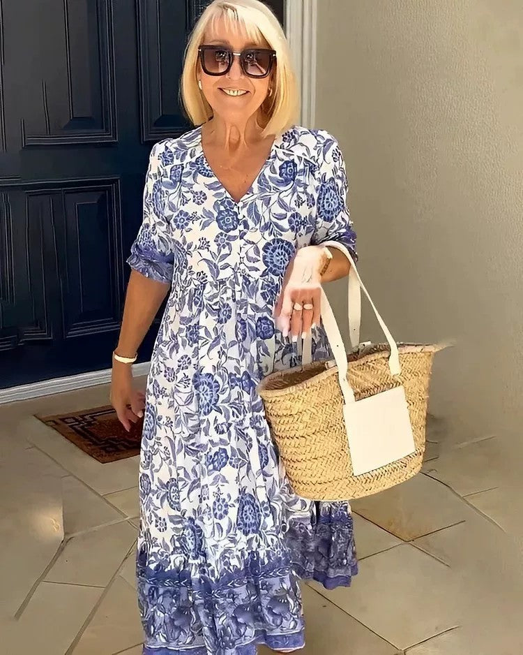 Women's Plus Size V-Neck Floral Print Dress - Loose Fit Casual