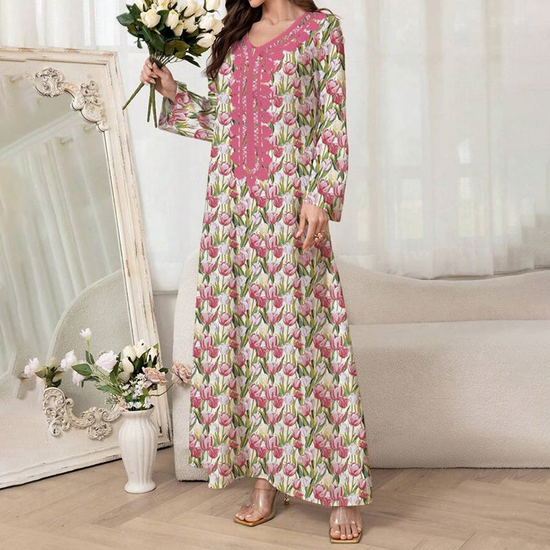 Women's Elegant Pink Floral Print Maxi Dress Vacation Style Long Sleeve A-line Flowy