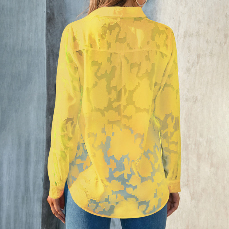 Women's Casual Sheer Button Down Shirt Long Sleeve V Neck Jacquard Blouse Top