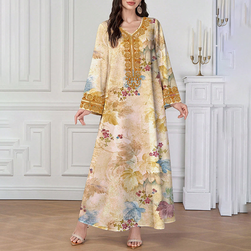 Women's Chic Bohemian Floral V-Neck Maxi Dress, Elegant Golden Long Sleeve Loose Fit Casual