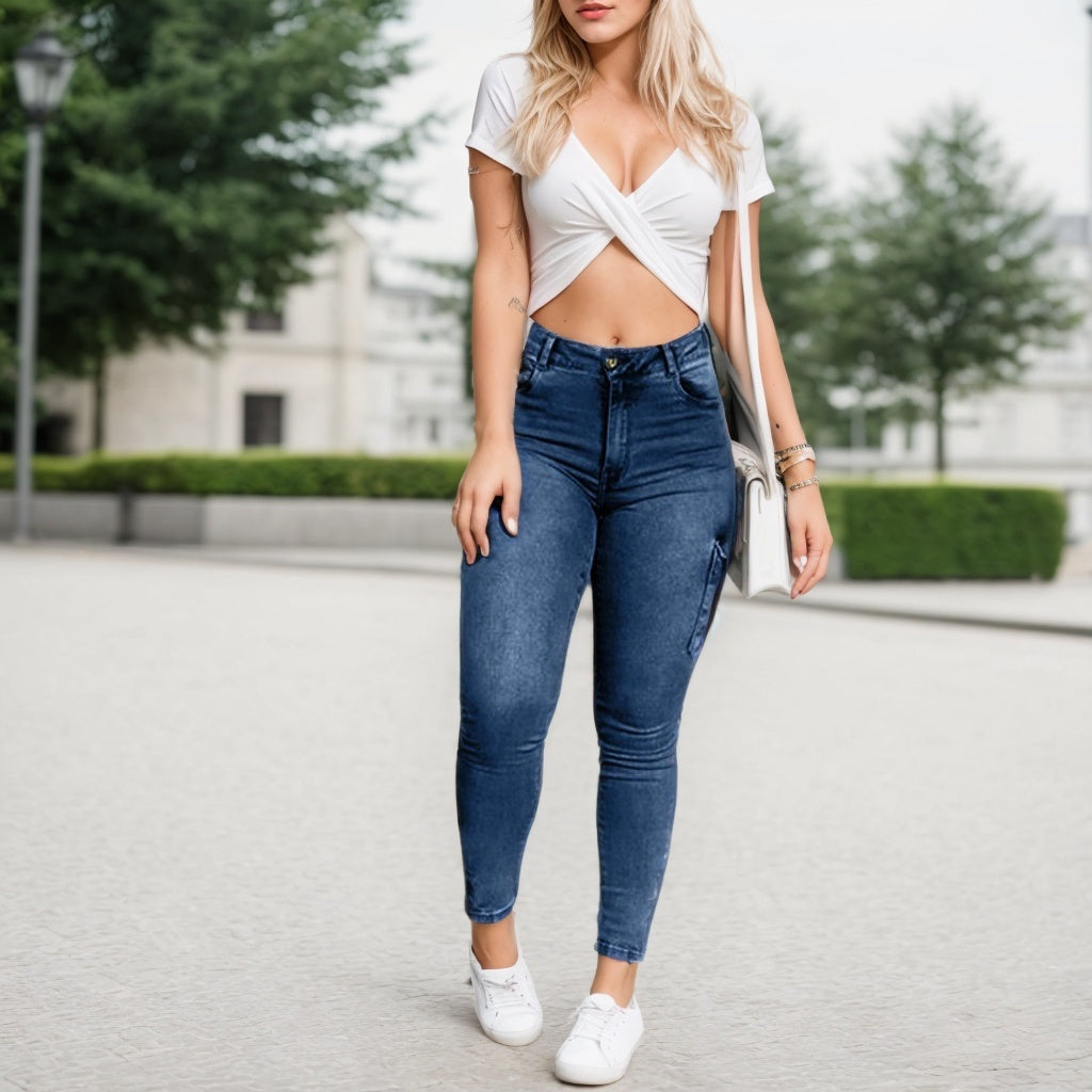 Multi-pocket High-stretch Mid-rise Zipper-hem Skinny Pencil jeans And Top