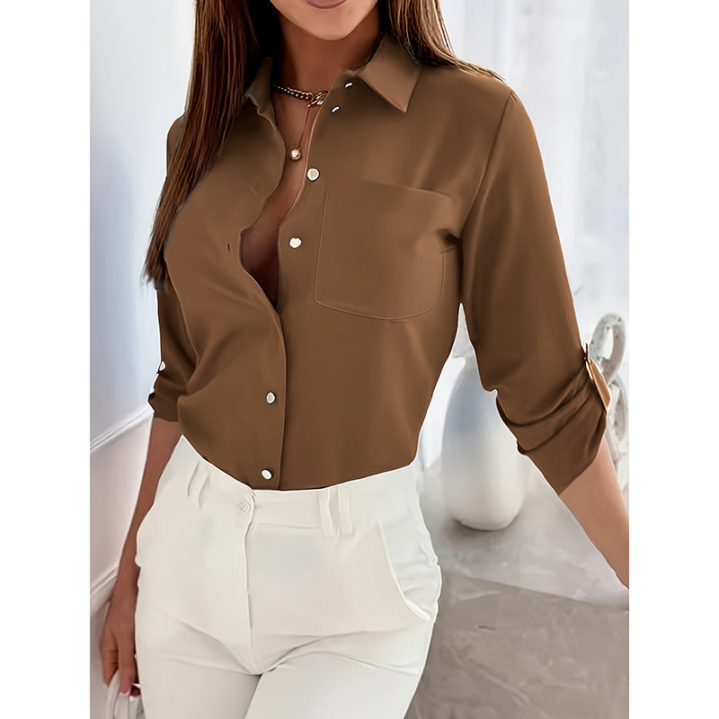 Button Down Shirts V Neck Rolled Up Long Sleeve Top Elegant Dressy Blouse