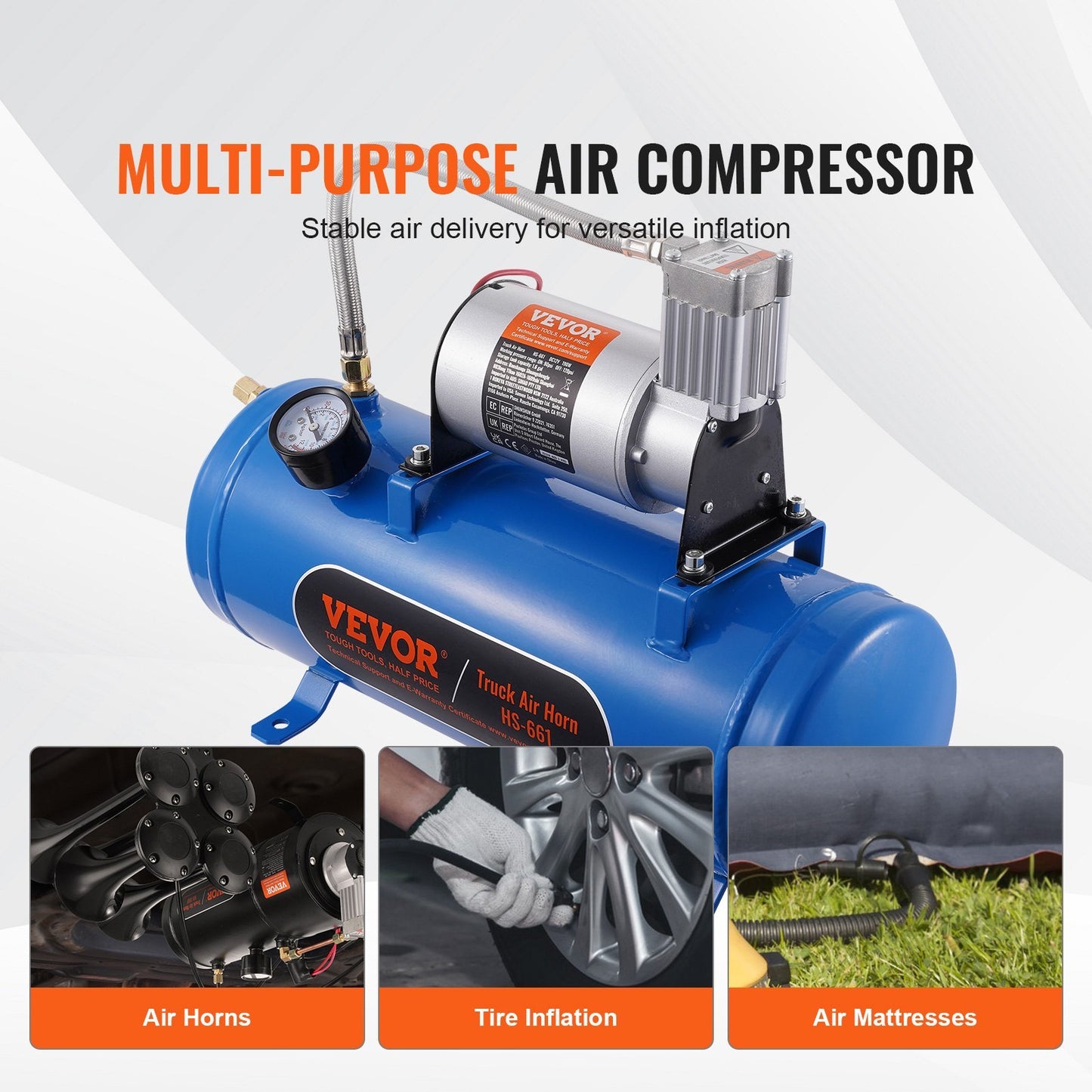 VEVOR 12V Air Compressor With Tank 1.6 Gallon 6 L, Train Horn Air Compressor, 120 Psi Working Pressure Onboard Air Compressor System For Train Air Horns, Inflating Tires, Air Mattresses