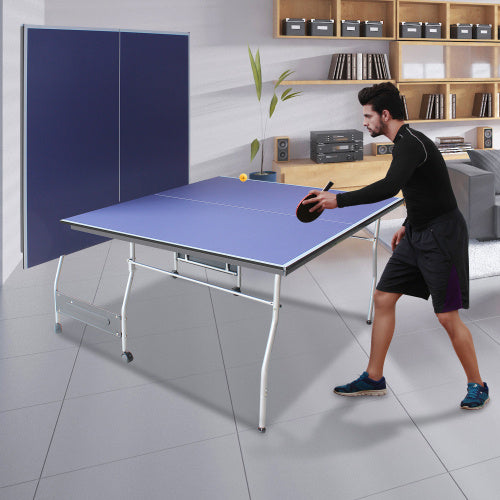 8ft Mid-Size Table Tennis Table Foldable & Portable Ping Pong Table Set For Indoor Games With Net, 2 Table Tennis Paddles And 3 Balls