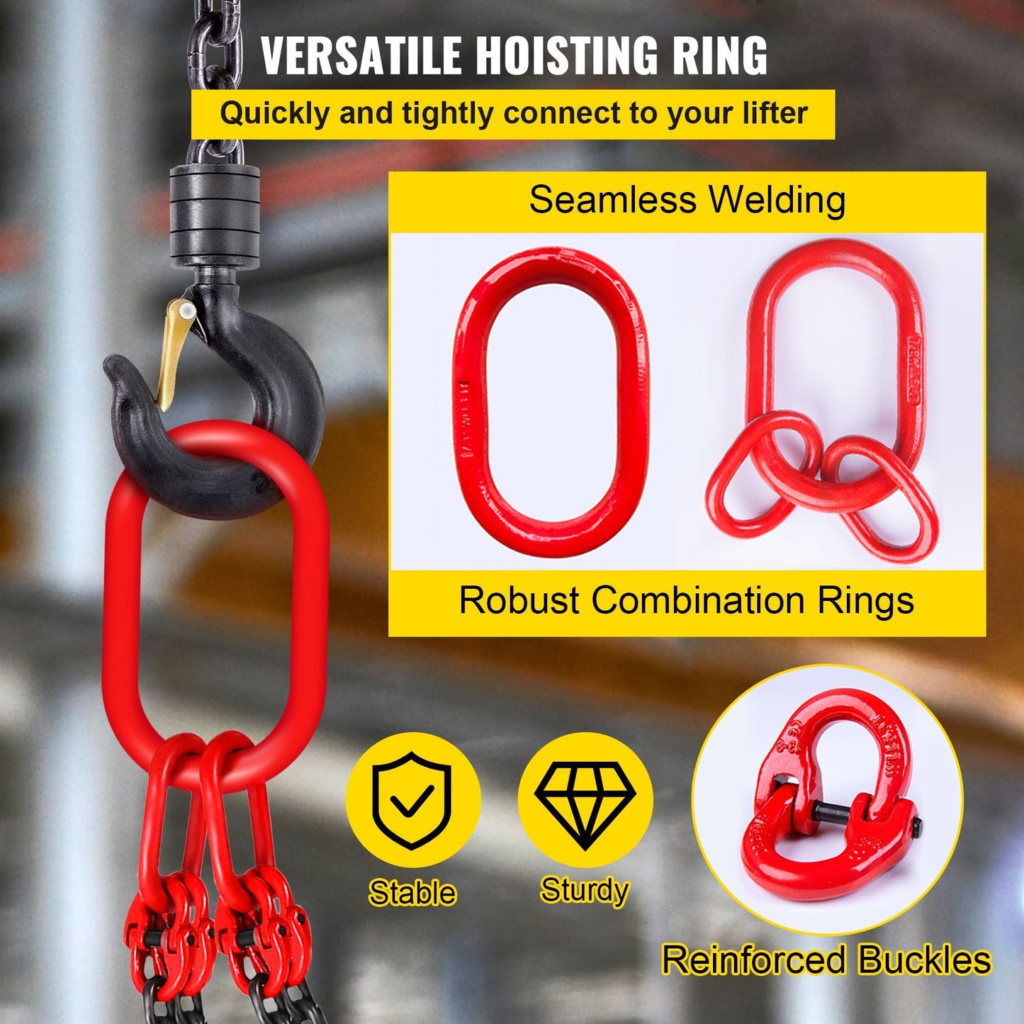 VEVOR 5Ft Chain Sling 5 Ft Engine Lift Chain G80 Alloy Steel Engine Chain Hoist Lifts 3 Ton With 4 Leg Grab Hooks