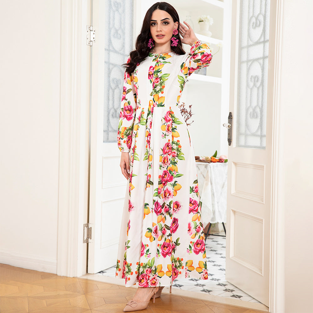 Elegant Style Round Neck Flowers Plant Buttons Puff Sleeve Long Dress