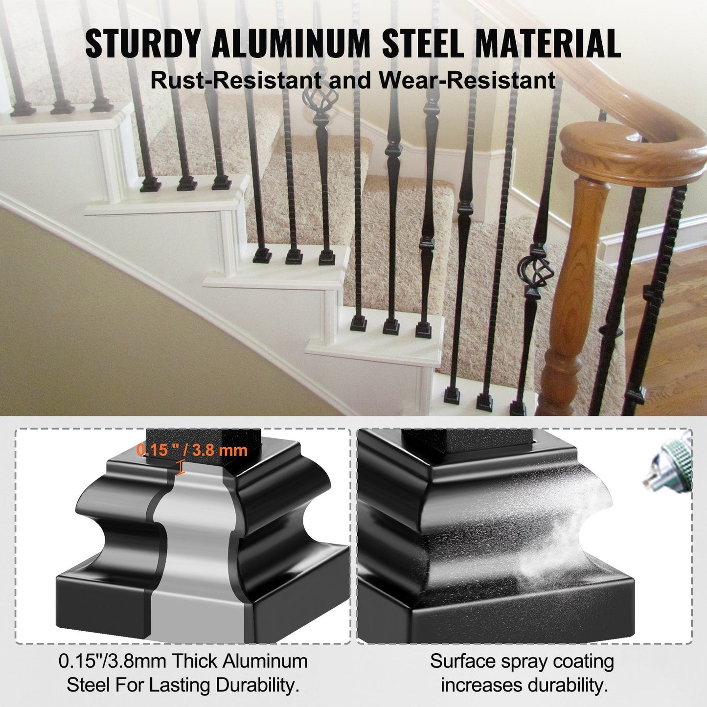 VEVOR Aluminum Alloy Baluster Shoes Stair Flat Shoe With Screw Holes For Square Scroll Basket Twist Knuckle Staircase Balusters Metal Spindle Railing, Satin Black 50 Pcs
