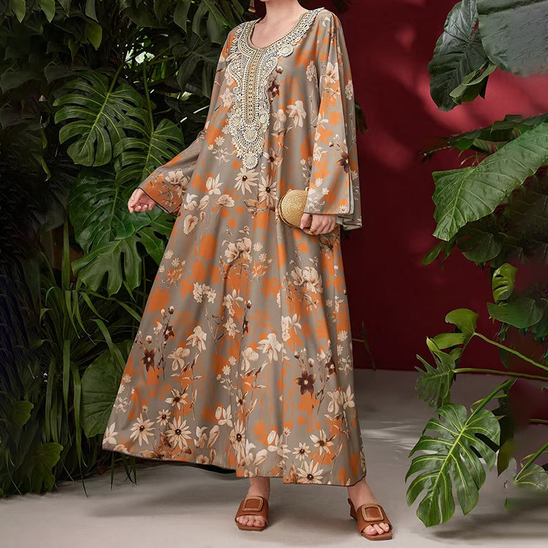 Women's Elegant Plus Size Floral Print Maxi Dress - Middle Eastern Bohemian Style Embroidery Long