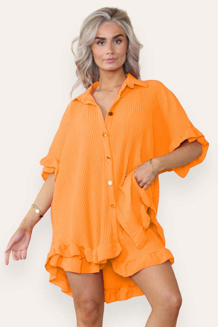 Casual Oversized Gold Button Pleated Frilled Ruffle Short Sleeves Shirt Top And Short Set